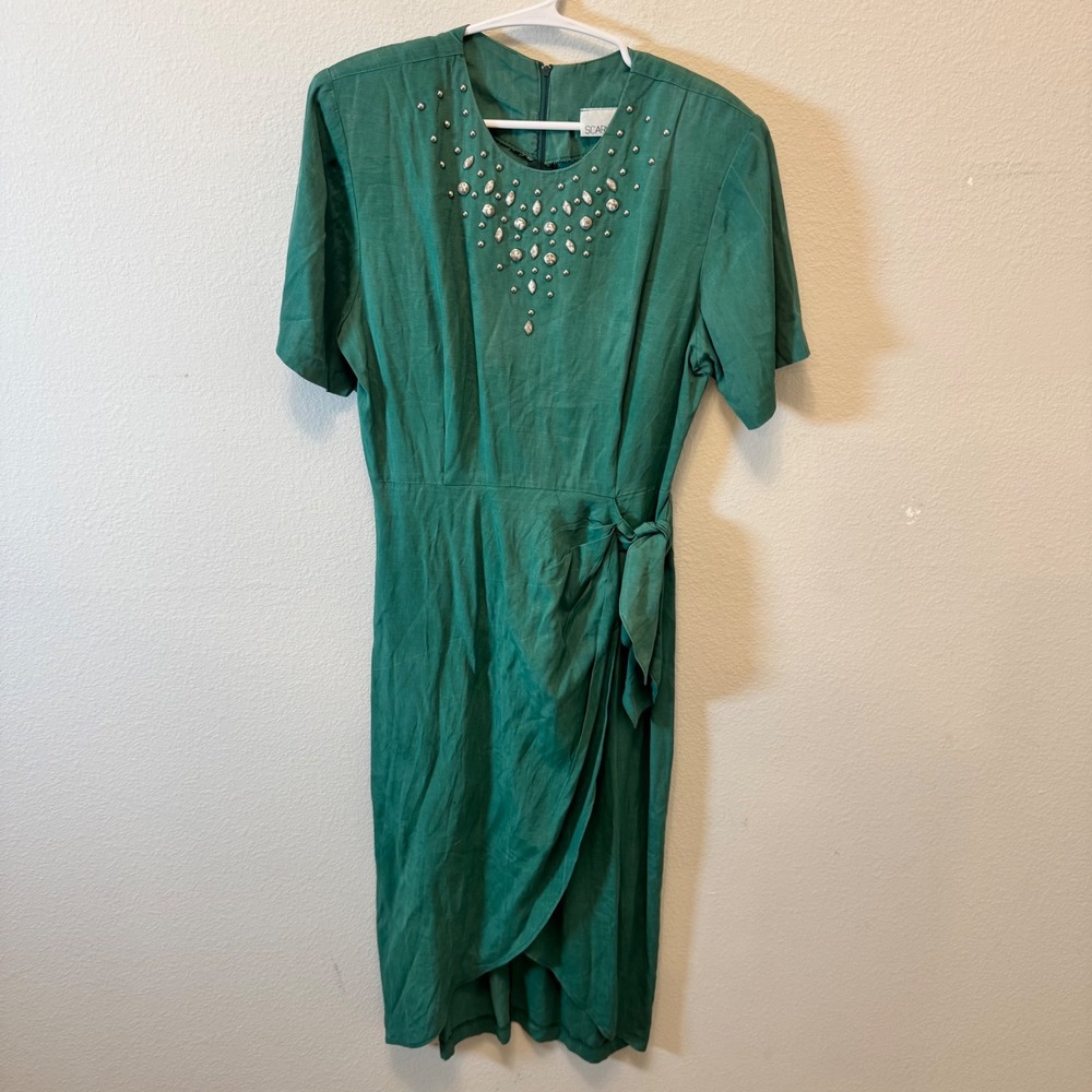 SCARLETT Emerald Green Beaded Neckline Wrap Midi Dress